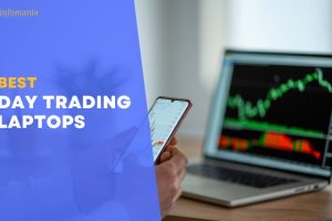 Featured image of the article, best day trading laptops, containing a laptop featuring a market chart and a hand of our reviewer, holding his mobile phone.
