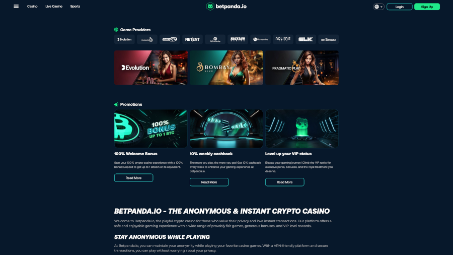 The homepage of Betpanda.io, one of the best Tron casino sites, containing information of their game providers, promotional offers, and more.
