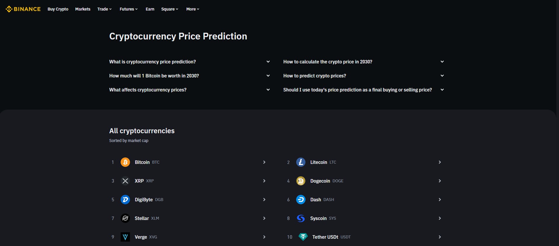 Binance Cryptocurrency Price Prediction Page