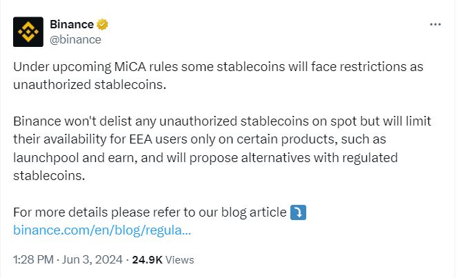 Binance Complies with MiCA Regulations, Restricts Unauthorized Stablecoins in EU